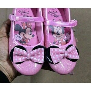 Disney Minnie Mouse Girl's Pink Glitter Bow Mary Jane Dress Shoe Pumps